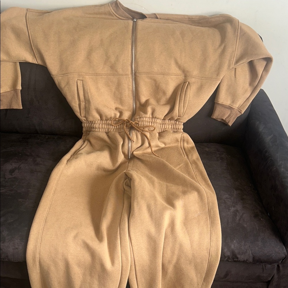 Fashion Nova Tan Zip-Up Jumpsuit